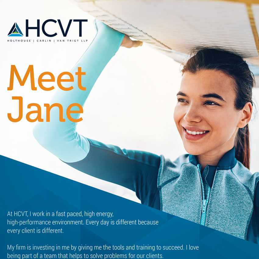 HCVT advertisement with woman holding a surf board