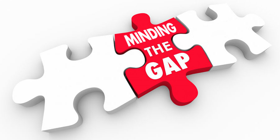 Three puzzle pieces connected with the one in the middle shaded red with the words "Minding the Gap" on it.
