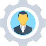 Illustration of a business person in the center of a cog.