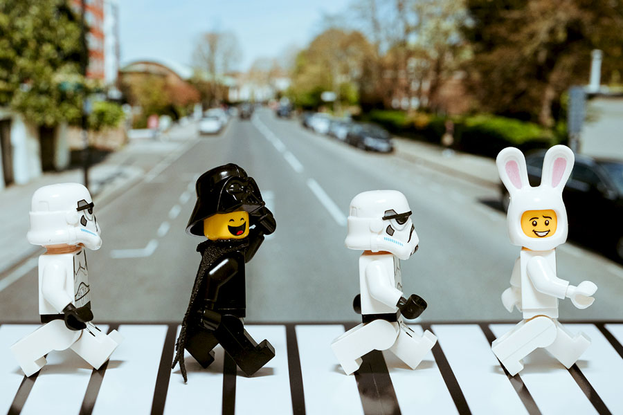 Lego friends on Abbey Road as storm troopers and a bunny