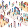 Isometric illustration of a trade show floor with people walking around