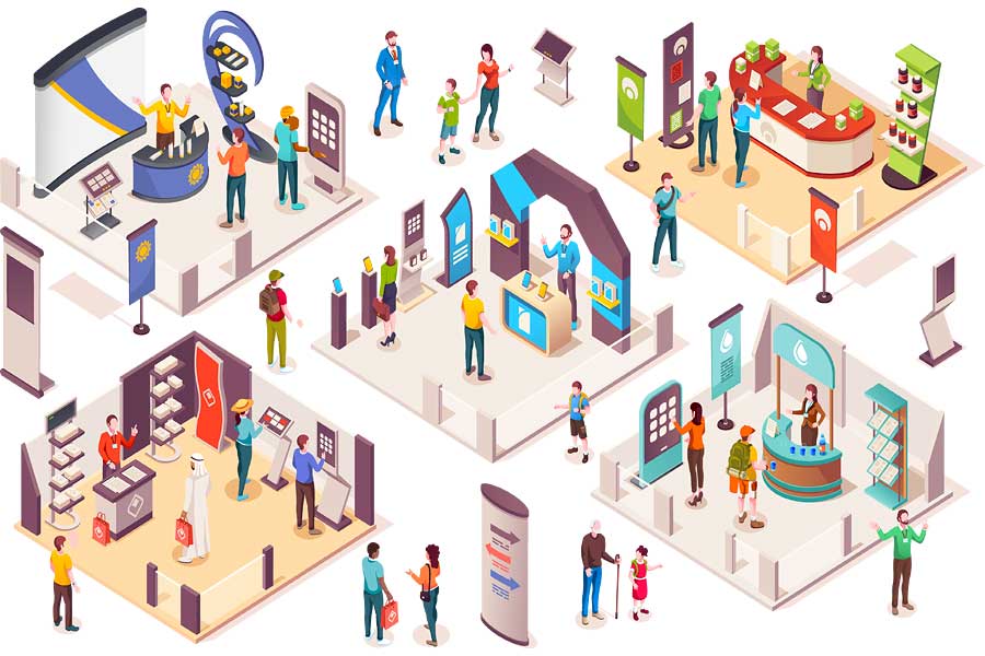 Isometric illustration of a trade show floor with people walking around